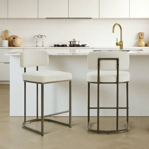 Spruce & Spring Modern 26-Inch Counter Bar Stool Set with Brass Frame Set of 2, Linen with Brass Frame