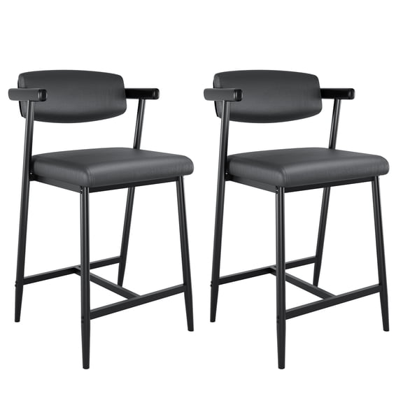 Modern 26" Counter Height Bar Stools with Arms – Set of 2 – Wide Upholstered Brown Leather Seats, Backrest & Metal Footrest – Heavy Duty Frame, Easy Assembly – Perfect for Kitchen Island or Bar