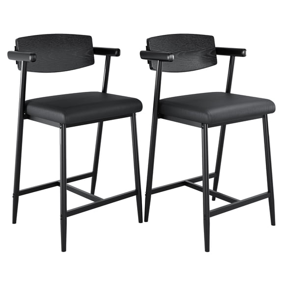 Modern 26" Counter Height Bar Stools with Arms – Set of 2 – Wide Upholstered Seats, Wooden Backrest, Sturdy Metal Legs, Footrest – Easy Assembly – Great for Kitchen Island, Bar, Game Room – Black