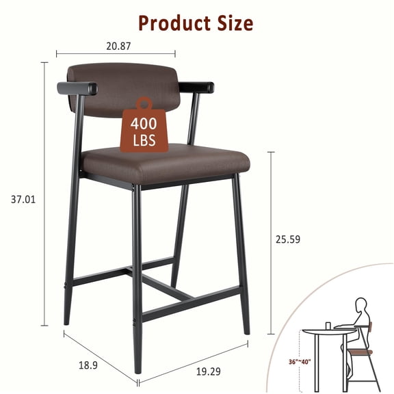Modern 26" Counter Height Bar Stools with Arms – Set of 4 – Wide Upholstered Brown Leather Seats, Backrest & Metal Footrest – Heavy Duty Frame, Easy Assembly – Perfect for Kitchen Island or Bar