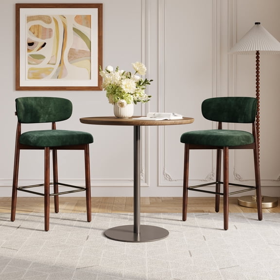 Modern 26" Counter Height Bar Stools Set of 2 – Upholstered Linen Fabric, Curved Back, Wood Legs & Metal Footrest for Kitchen Island, Dining Room – Dark Green