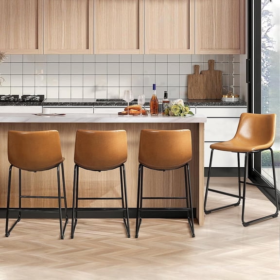 Modern 26 Inch Bar Stools Set of 4, PU Leather Counter Height Stools with Back, Iron Frame, Non-Slip Feet, Suitable for Home, Bar, Restaurant, Brown