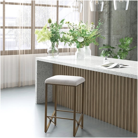 Modern 26 Inch Counter Stool with Upholstered Seat and Bronze Legs, Ivory Backless Bar Stool for Kitchen Island Breakfast Nook