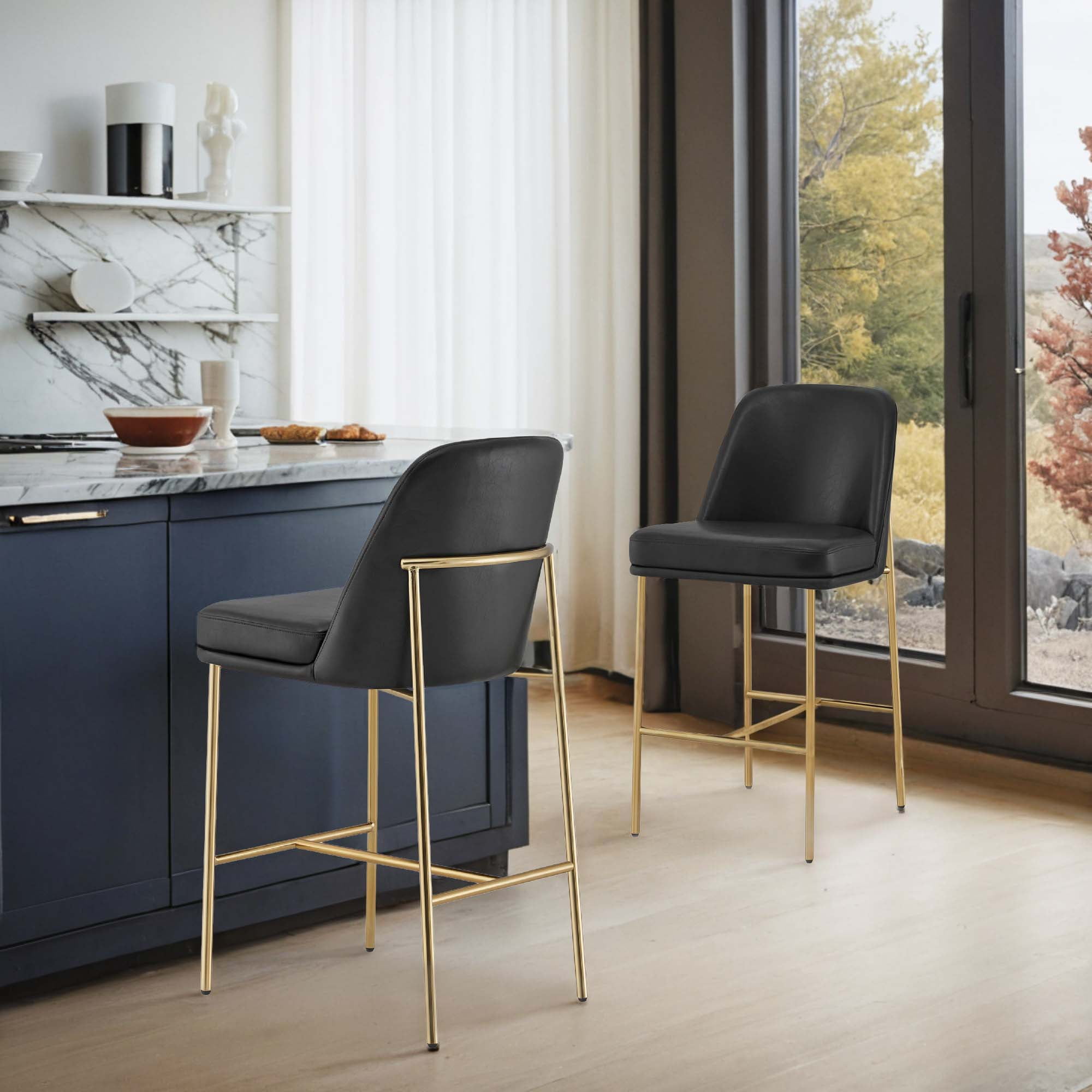 Spruce & Spring Modern 27-Inch Contemporary Counter Stool Set with Upholstered Seat and Metal Frame Set of 2, Black Faux Leather
