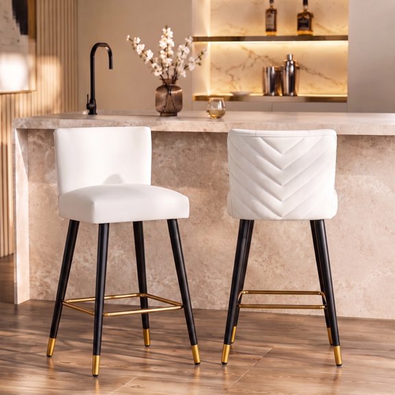 DualGlace Modern 27" Counter Height Bar Stool with Tufted Backrest, Upholstered Fabric Barchair with Black Legs and Gold Circular Footrest, Luxury Beige