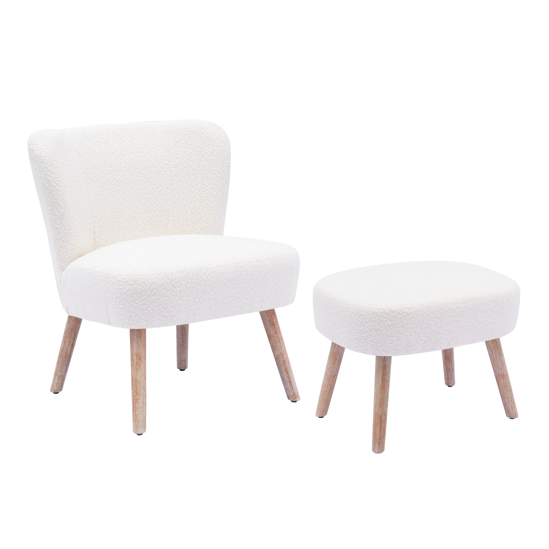 Modern 2PC Set Wide Wingback Accent Chair in Water and Stain Resistant Boucle Upholstered Fabric and Ottoman, Cream