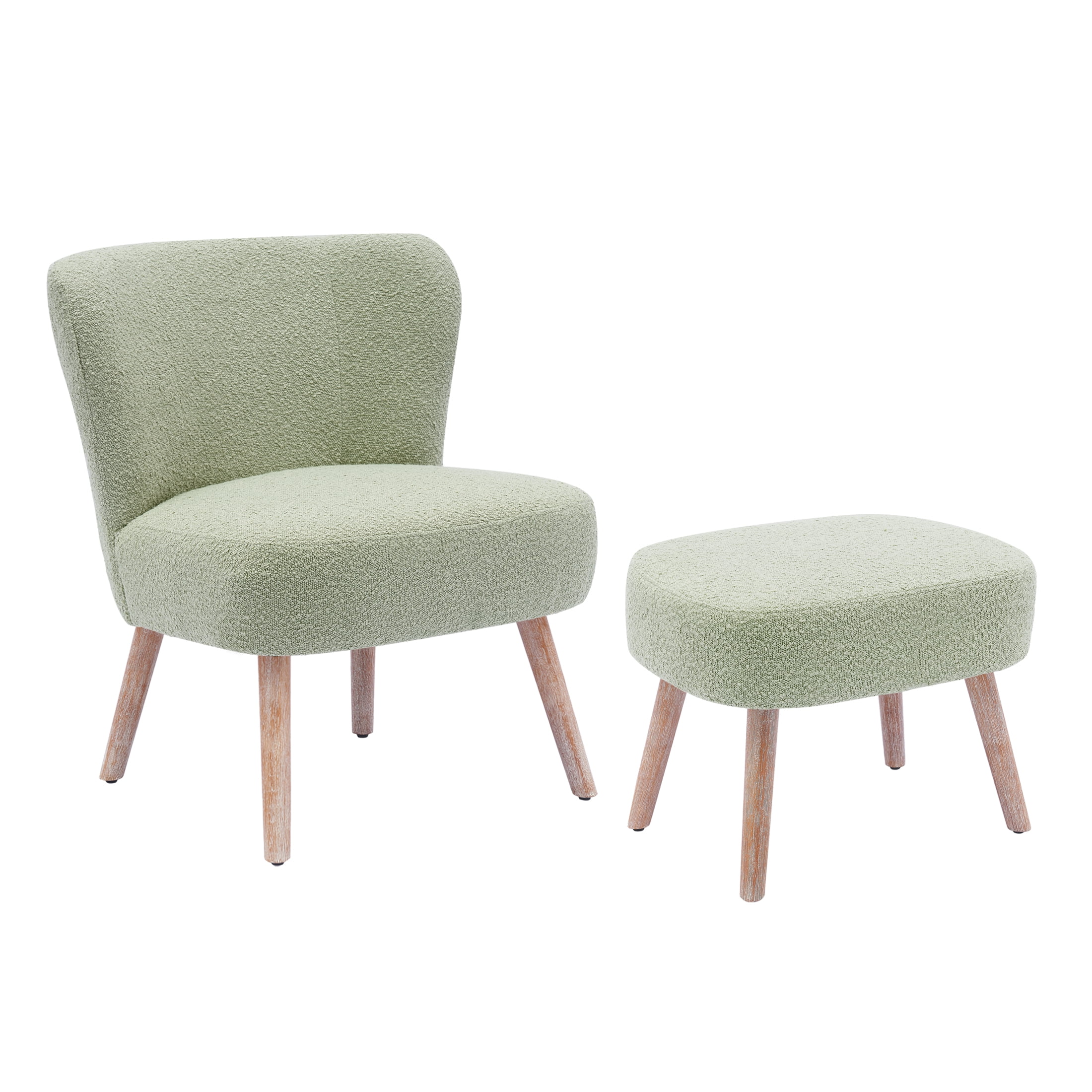 Modern 2PC Set Wide Wingback Accent Chair in Water and Stain Resistant Boucle Upholstered Fabric and Ottoman, Desert Sage
