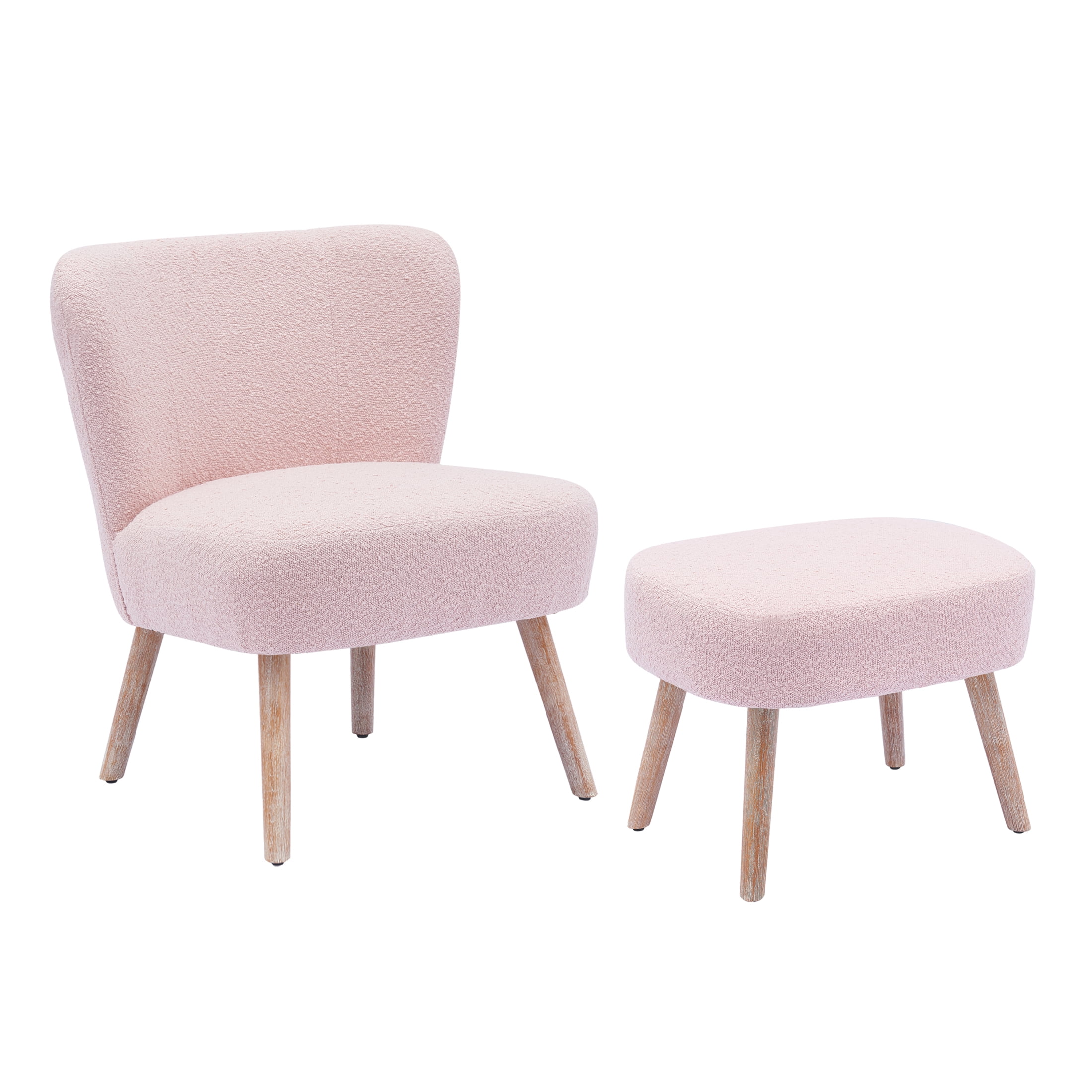 Modern 2PC Set Wide Wingback Accent Chair in Water and Stain Resistant Boucle Upholstered Fabric and Ottoman, Dusty Peach