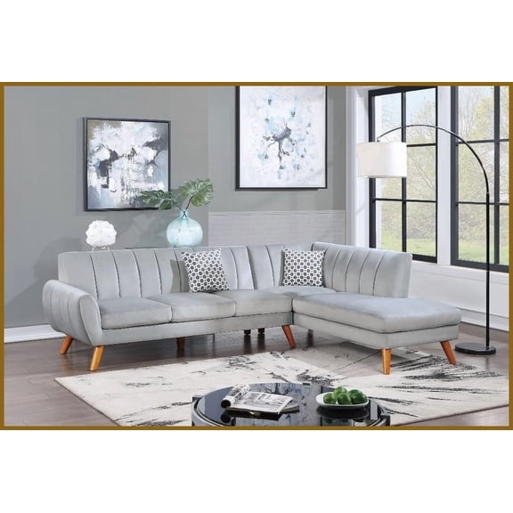 Modern 2PC Velvet Sectional Sofa with Chaise for Living Room - Light Gray, Solid Wood Frame