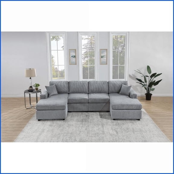 Modern 2pc Fog Corduroy Sectional Sofa - 120 Wide Living Room Couch with LAF/RAF Chaises & Pillows | Fog | Corduroy | Square Arms