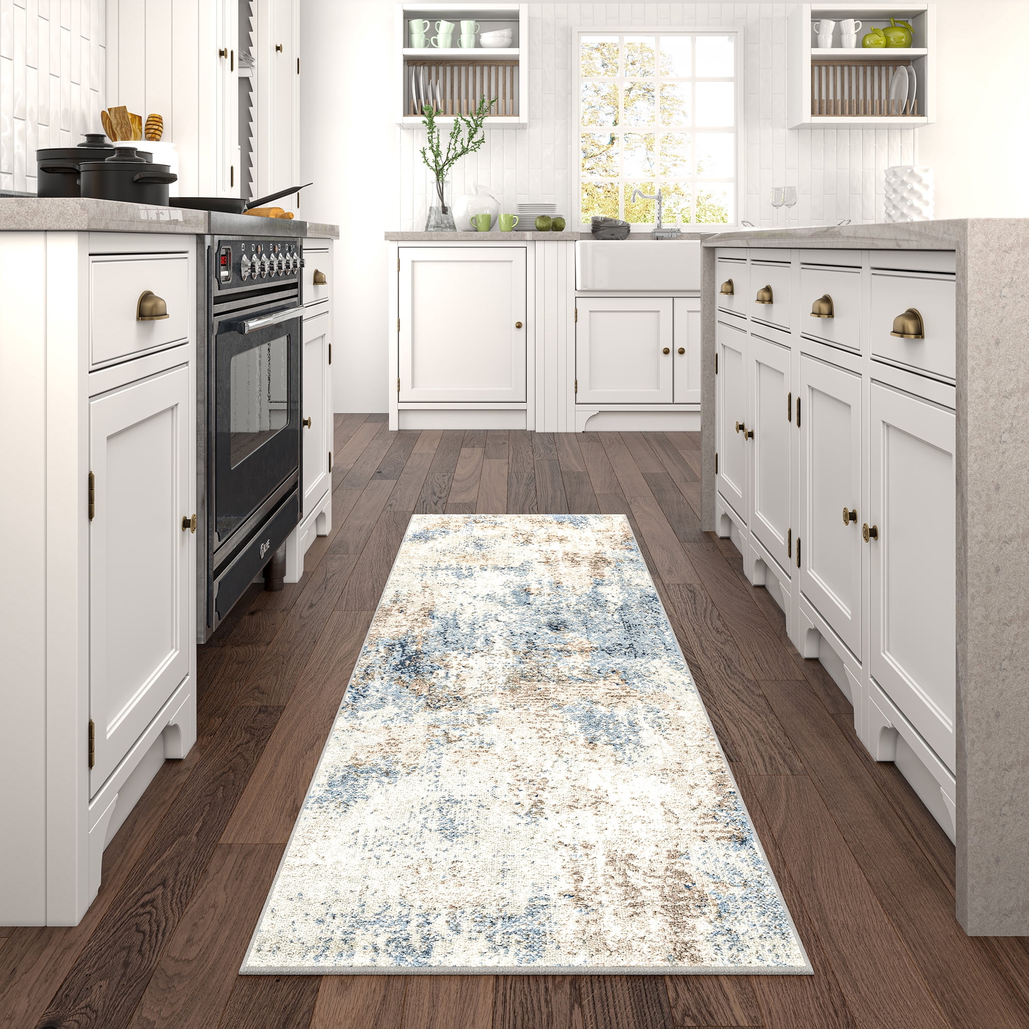 Chelsea Contemporary Abstract 2'3'' x 7'3'' Navy and Blue Polypropylene Indoor Runner Rug, 2' x 7'