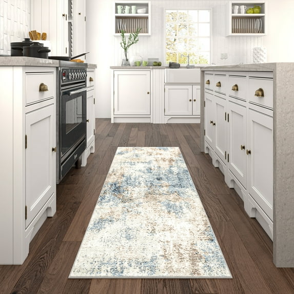 Chelsea Contemporary Abstract 2'3'' x 7'3'' Navy and Blue Polypropylene Indoor Runner Rug, 2' x 7'