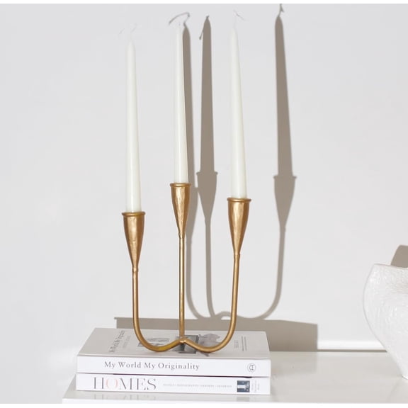 Modern 3-Arm Candelabra Holder, Cast Iron Metal Candlestick Holders 9.3 Inches Tall Candle Holder Candle Stand Brass  Candle Stand, Curved Design