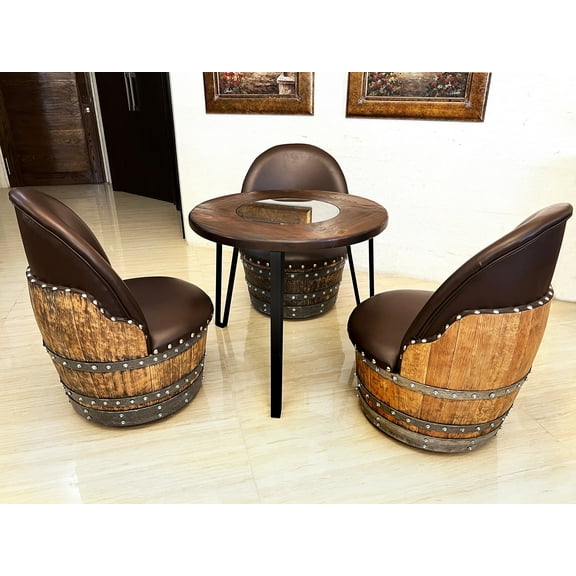 Modern 3-Chair Steel Table Set for Dining/Desk/Living Room - Wine Barrel Chair & Table - Unique Whiskey Barrel Furniture