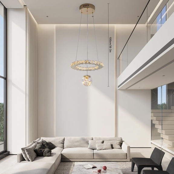 Modern 3-Color Ring Crystal Chandelier Adjustable Height&Shape+ LED Beads&String
