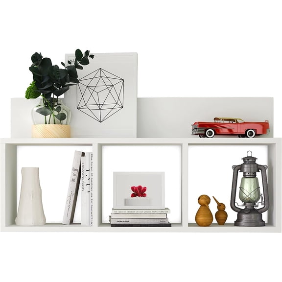 . Modern 3 Cube Wall Mounted Wall Shelving with Display Ledge - Easy to Hang Wall Mounted Triple Cubby Shelving (White)