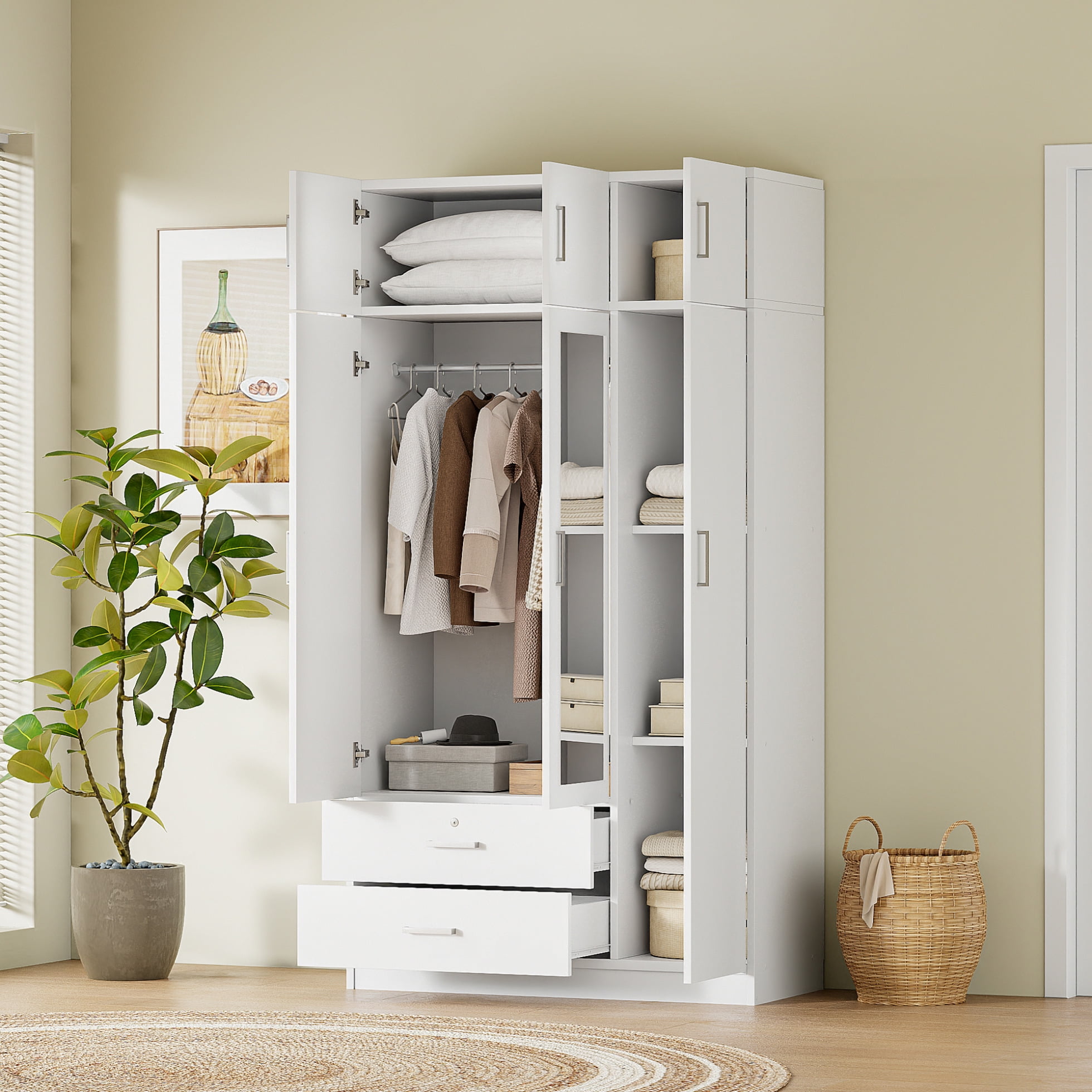 Modern 3 Door Shutter Wardrobe with Shelves and Hanging Rod Wardrobe Armoire Closet with 2 Drawers and Top Cabinet Clothes Storage Cabinet Organizer