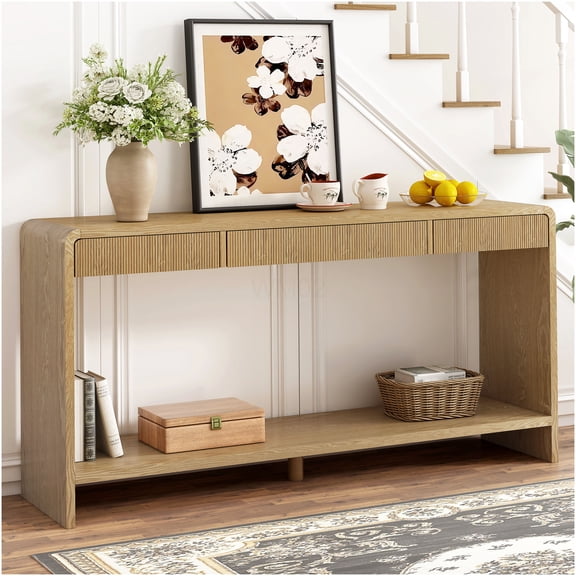 Modern 3-Drawer Console Table with Vertical Slats for Entryway, Sofa Back, Hallway, Brown Wood Veneer