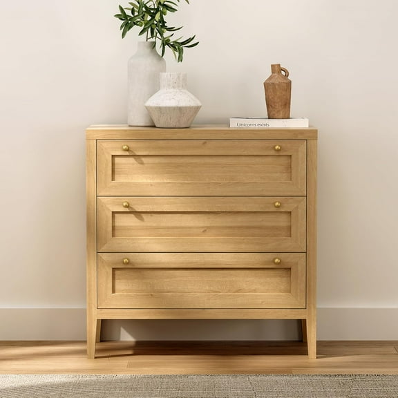 Modern 3 Drawer Dresser for Bedroom, Chest of Drawers with Golden Handles, Wood Tall Nightstand, Storage Dresser Cabinet Side Table for Living Room, Hallway, Natural Oak