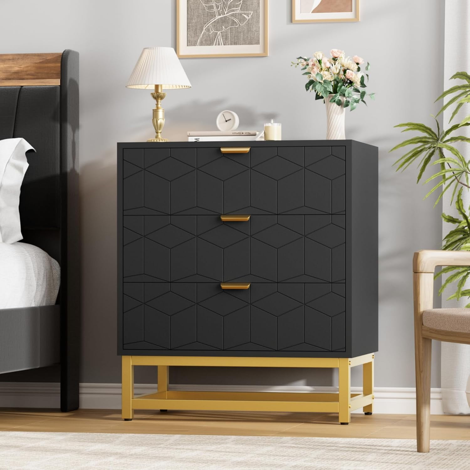 Modern 3-Drawer Dresser with Gold Metal Legs, Black Stylish Storage Chest  for Bedroom, Closet or Living Room