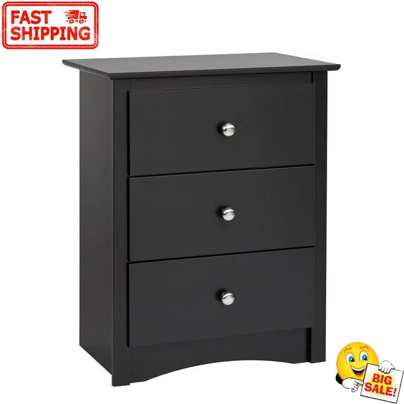 Black 3-Drawer Modern Nightstand with Nickel Knobs