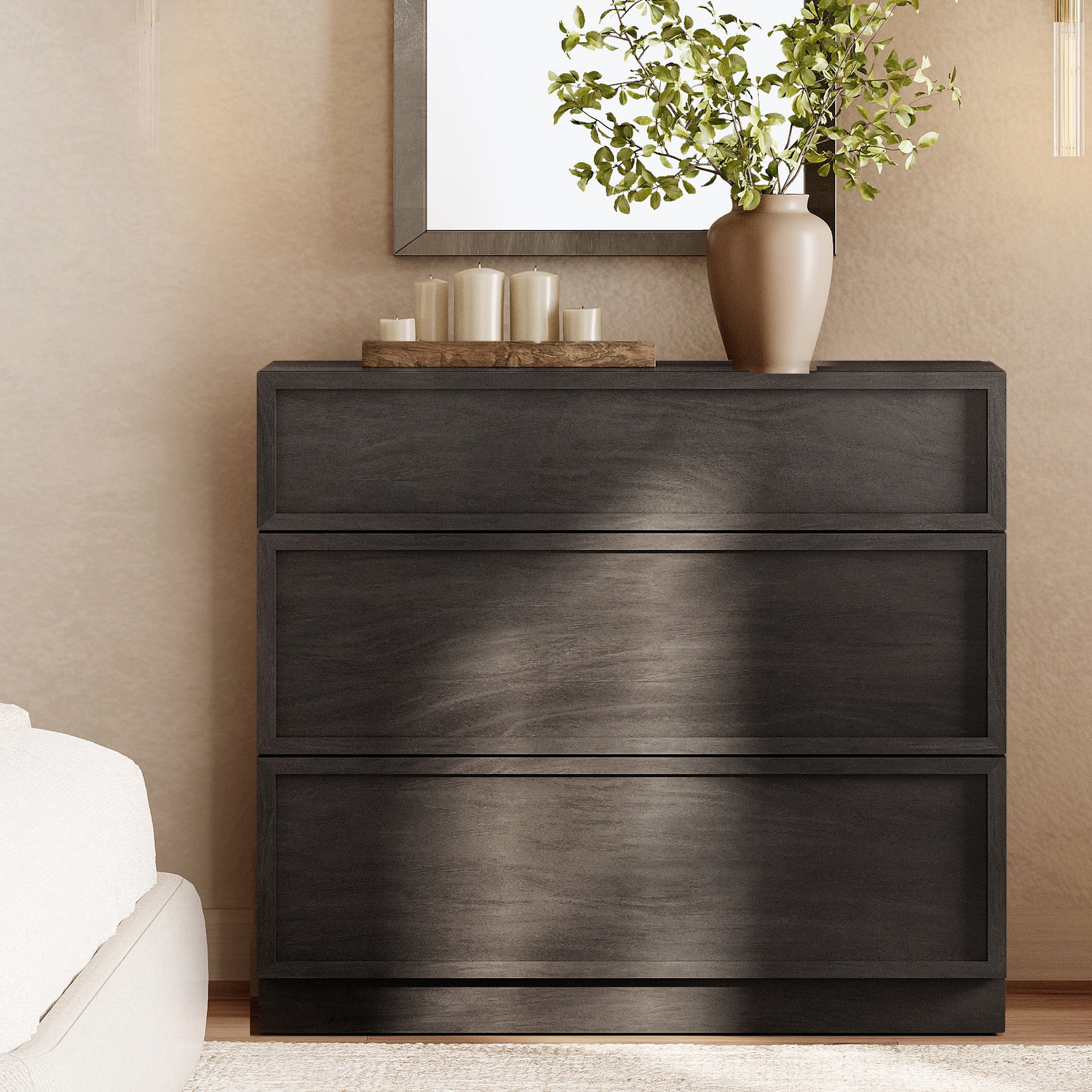 Modern 3-Drawer Wood Dresser, Handle-Free Push-Press Storage Chest with Solid Floor Base, Minimalist Storage Cabinet for Bedroom Living Room, Black
