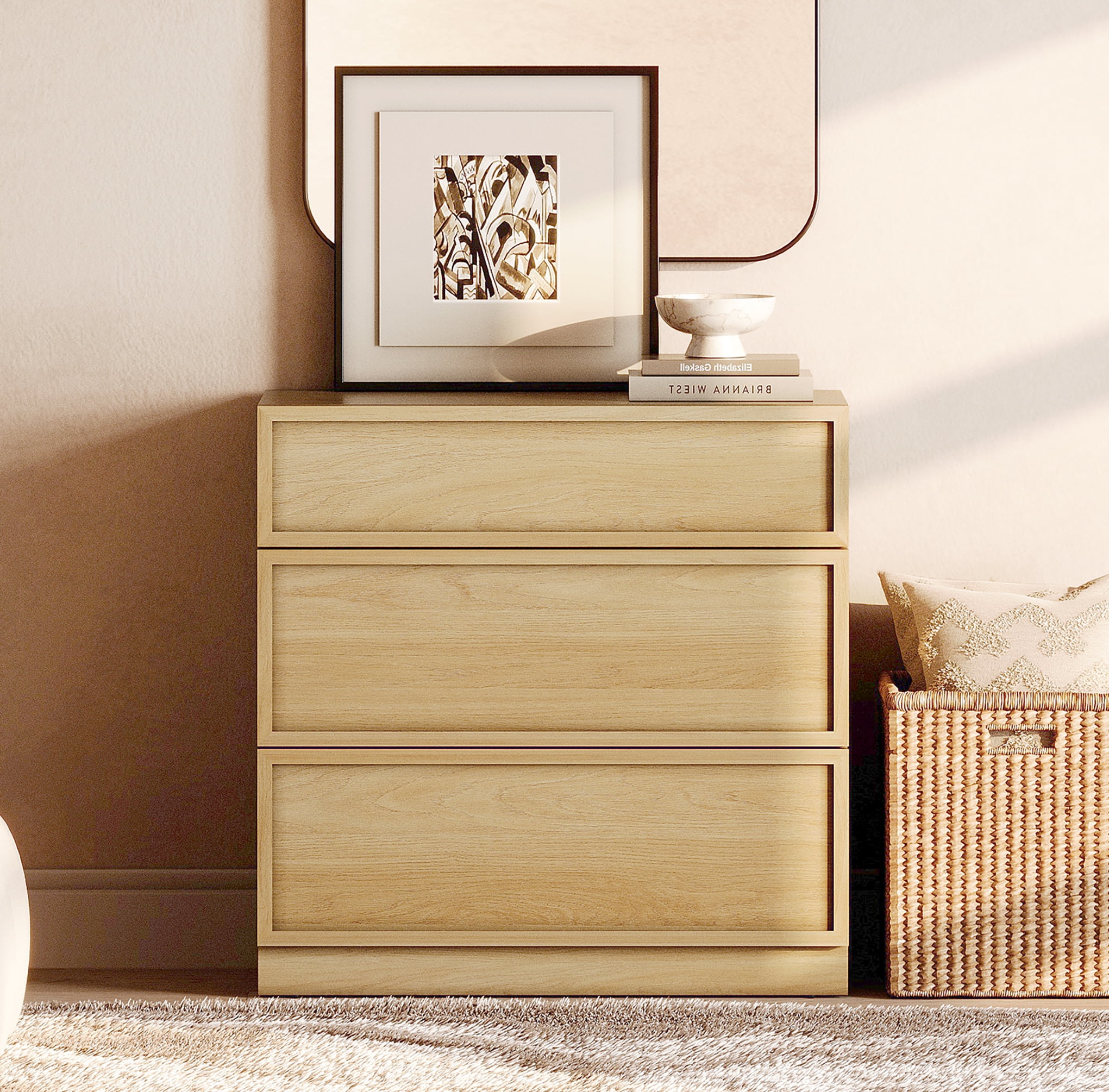 Modern 3-Drawer Wood Dresser, Handle-Free Push-Press Storage Chest with Solid Floor Base, Minimalist Storage Cabinet for Bedroom Living Room, Oak