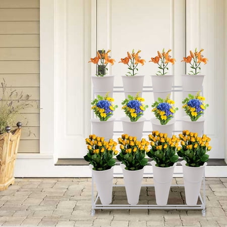 Modern 3 Layers Metal Plant Stand Flower Display Shelf w/ Buckets & Wheels