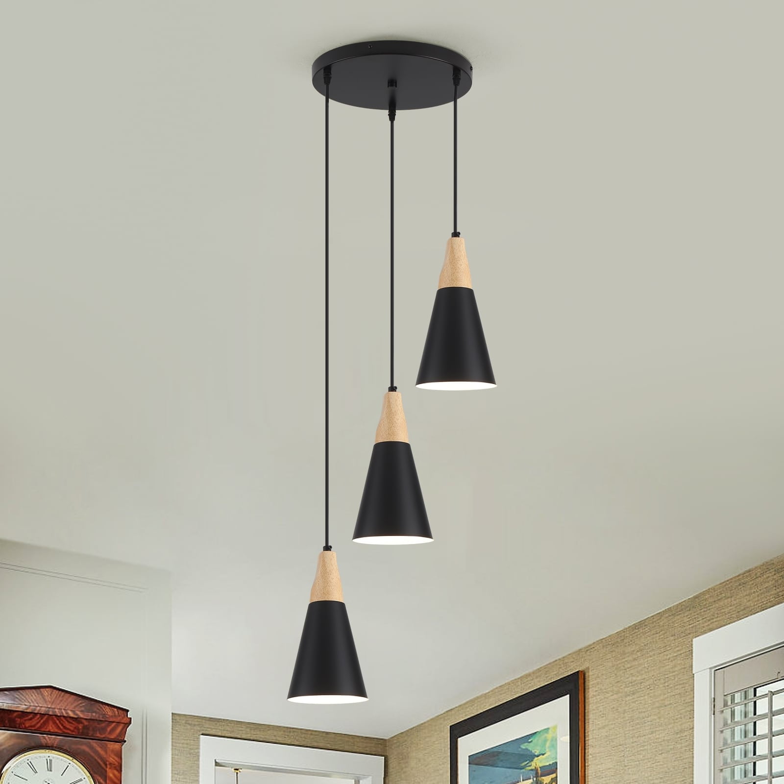 Black and Wood Modern Cone Pendant Light for Kitchen Island