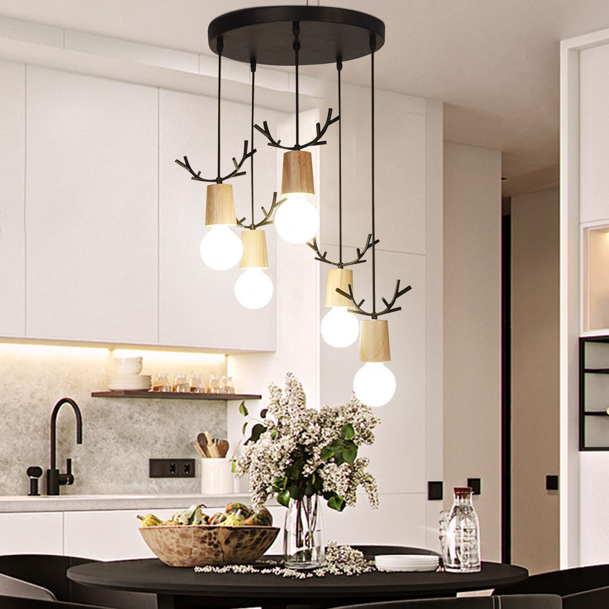 Modern 3-Lights Kitchen Island Chandelier Triple 3 Heads Pendant Hanging Ceiling Lighting Fixture with LED Antler Decorative Shade - image 1 of 9