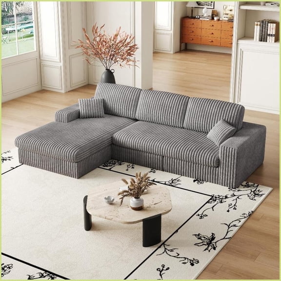 Modern 3-Person Corduroy Modular Sofa | 2-in-1 Reversible Chaise L-Shaped | Includes Neck & Throw Pillows | Corduroy | Cushion Back | Square Arms