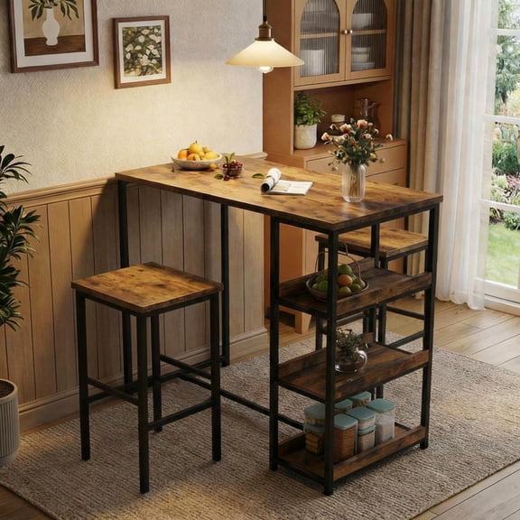 Modern 3-Piece Bar Set, Rectangular High Top Table with 2 Breakfast Stools, Space-Saving Breakfast Nook Set, for Apartment, Kitchen, Studio, Home Coffee Bar