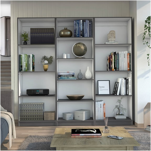 Modern 3-Piece Bookcase Set with 13 Shelves, Wide Storage Organizer for Living Room, Home Office in Matt Gray-White Finish