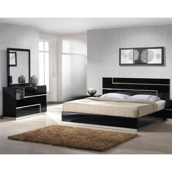 Modern 3 Piece California King Bedroom Set, Black Lacquer Finish Platform Bed Frame, Drawer Dresser and Mirror