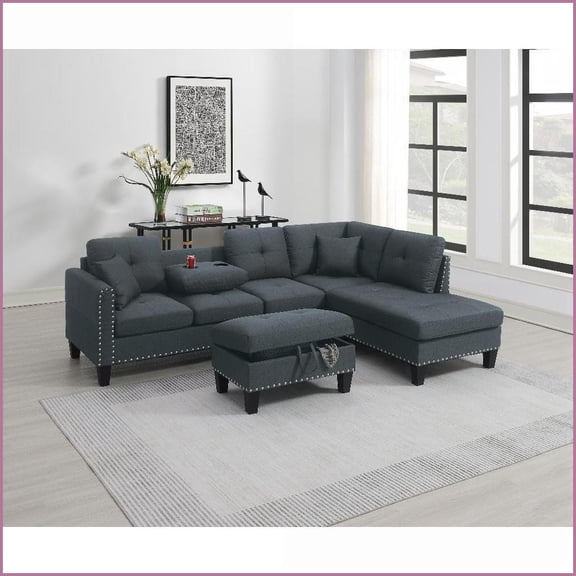 Modern 3-Piece Charcoal Linen-Like Sectional Sofa Set with Storage Ottoman & Cup Holder for Living Room|Tufted Back|Included Pillows|Nailhead Trim