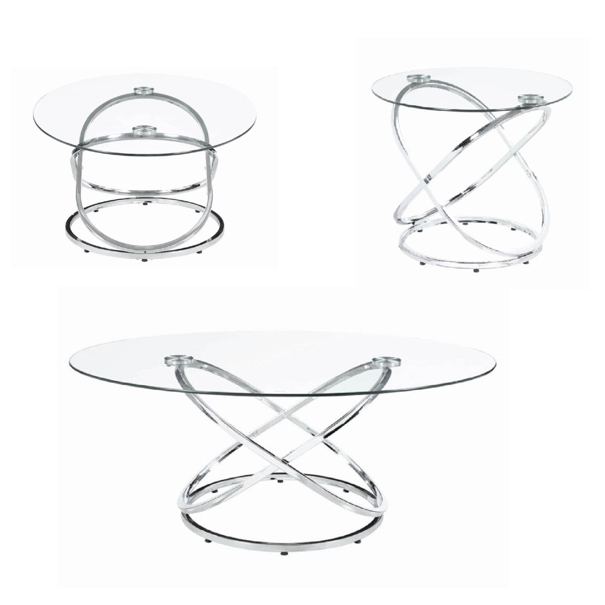 Modern 3 Piece Coffee Table Set with 2 End Tables Glass Tabletop Chrome