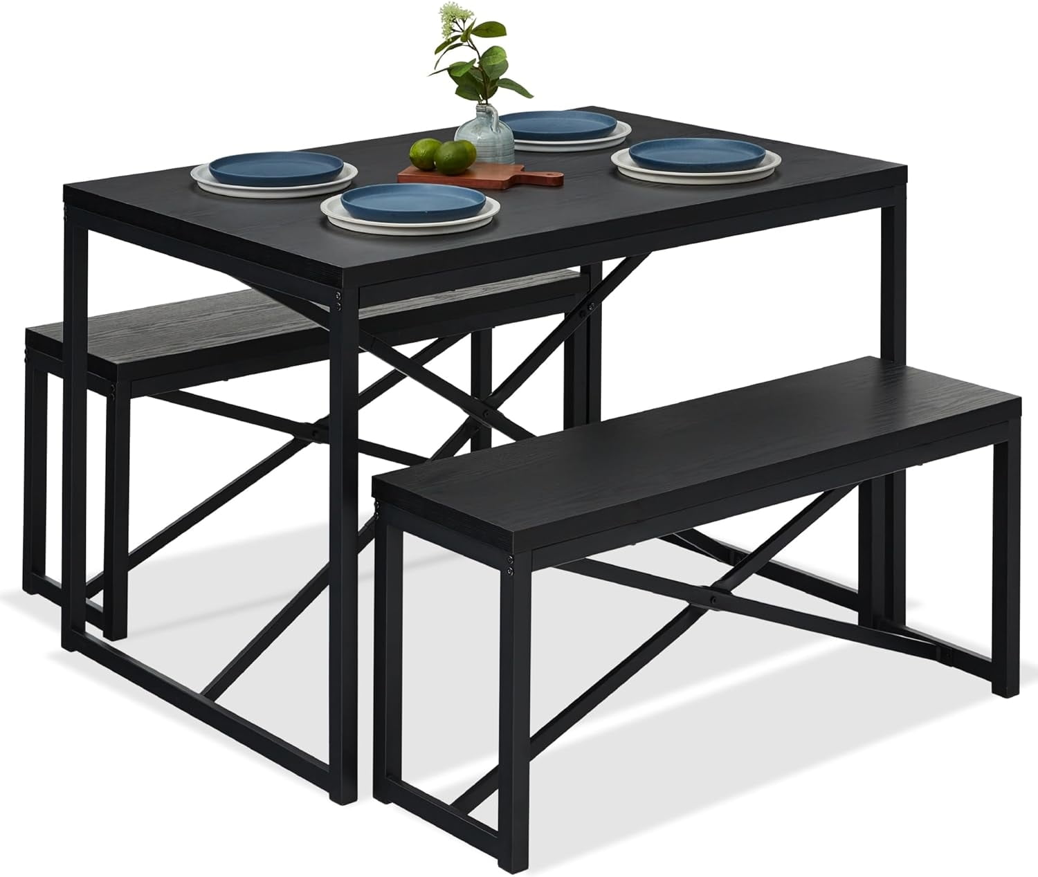 Black Metal Frame Dining Set with Wood Top Table and Benches