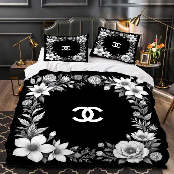 Modern 3-Piece Duvet Cover Set - Black & White Floral Pattern with Central Elegant Design for Contemporary Bedrooms