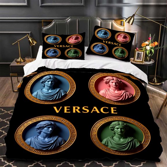 Modern 3-Piece Duvet Cover Set - Black with Gold TextDesign Featuring Colorful Sculpted Busts in Circular Frames