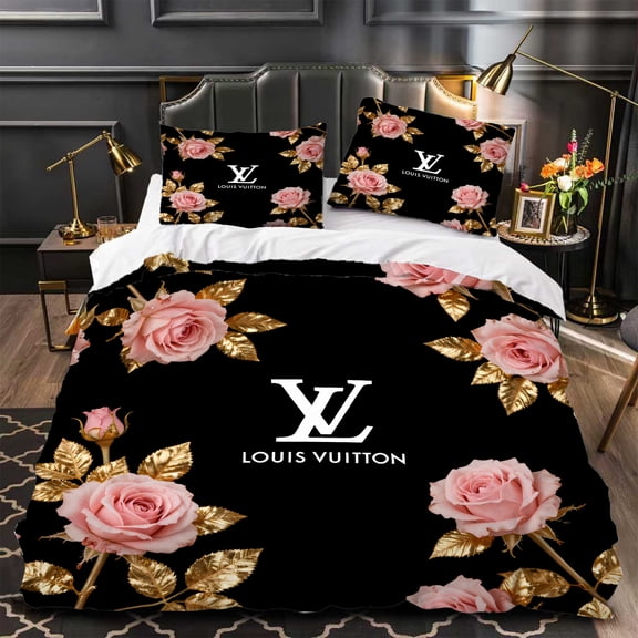 Modern 3-Piece Duvet Cover Set Black with Pink Roses & Gold Accents Elegant Floral Design for Contemporary Bedrooms