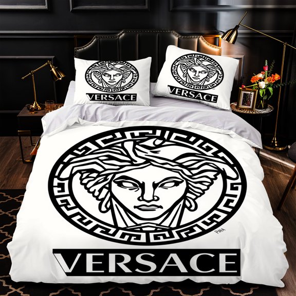 Modern 3-Piece Duvet Cover Set - White Bedding with Stylized Face & Greek Key Pattern Black and White Color Scheme Luxurious Design for Elegant Bedrooms