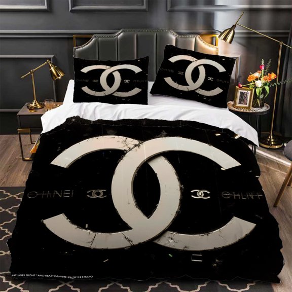 Modern 3-Piece Duvet Cover Set in Black with Silver & Gold Elegant Geometric Pattern Luxurious Gray Upholstered Headboard Style