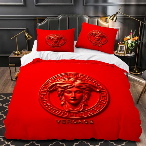 Modern 3-Piece Duvet Cover Set with Bold Classical Figure & Greek Key Pattern in Red Perfect for a Stylish Bedroom Makeover