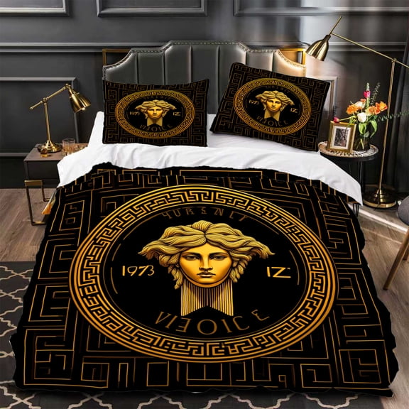 Modern 3-Piece Duvet Cover Set with Gold Statue Face & Greek Key Pattern Black & Gold Design Stylish Bedroom Decor