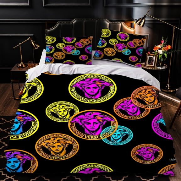 Modern 3-Piece Duvet Cover Set with Vibrant Stylized Face Pattern and Greek Key Design White Sheets Colorful Pillows Perfect for Stylish Bedrooms