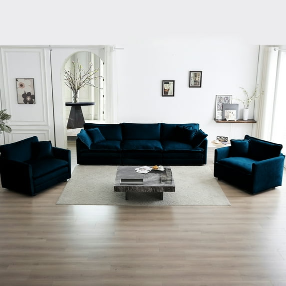 Modern 3 Piece For Living Room - 1+1+3 Seats, Blue Chenille Fabric, Solid Wood Frame, Comfortable & Accent Chair Chenille, Wood, Seating With