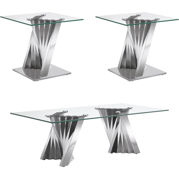 Modern 3-Piece Glass Coffee Table and End Table Set, High-Transparency Tempered Glass Top and Irregular Stainless Steel Double Base, Cocktail Table, for Living Rooms, Reception Areas