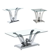 Modern 3-Piece Glass Table Set, Coffee Table, End Table, and Console Table, Tempered Glass Tops and Mirrored Stainless Steel Bases