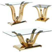 Modern 3-Piece Glass Table Set, Coffee Table, End Table, and Console Table, Tempered Glass Tops and Mirrored Stainless Steel Bases