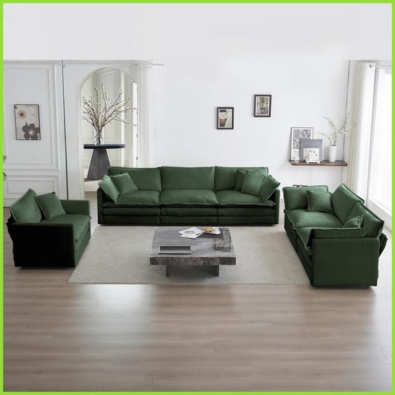 Modern 3-Piece Green Chenille Sectional Sofa Set, Extra Deep Seat for Living Room - Includes 3-Seater, Loveseat & Accent Chair